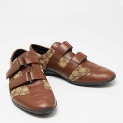 Gucci Brown/Beige Leather And GG Canvas Velcro Sneakers Size 45