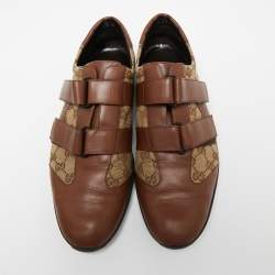Gucci Brown/Beige Leather And GG Canvas Velcro Sneakers Size 45