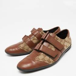 Gucci Brown/Beige Leather And GG Canvas Velcro Sneakers Size 45