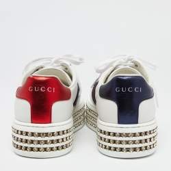 Pre Owned Gucci White Leather Crystal Studded Ace Lace Up Sneakers Size 35