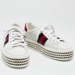 Pre Owned Gucci White Leather Crystal Studded Ace Lace Up Sneakers Size 35
