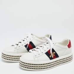 Pre Owned Gucci White Leather Crystal Studded Ace Lace Up Sneakers Size 35