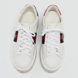 Pre Owned Gucci White Leather Crystal Studded Ace Lace Up Sneakers Size 35
