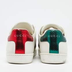 مملوكة مسبقًا Gucci White Leather And Python Embossed Web Ace Sneakers Size 38