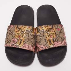 Pre Owned صندل سلايد فلات غوتشي كانفاس جي جي سوبريم مطبوع نقشة نمر متعدد الألوان مقاس 42