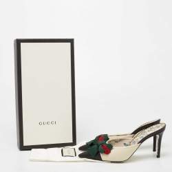 Pre Owned حذاء مولز غوتشي سلاي جان جلد أسود/ كريمي مزين فيونكة شريط ويب مقاس 36