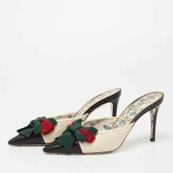 Pre Owned حذاء مولز غوتشي سلاي جان جلد أسود/ كريمي مزين فيونكة شريط ويب مقاس 36