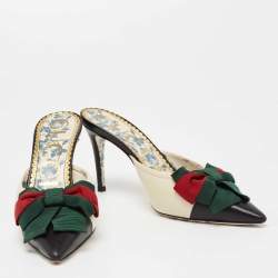 Pre Owned حذاء مولز غوتشي سلاي جان جلد أسود/ كريمي مزين فيونكة شريط ويب مقاس 36