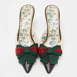 Pre Owned حذاء مولز غوتشي سلاي جان جلد أسود/ كريمي مزين فيونكة شريط ويب مقاس 36