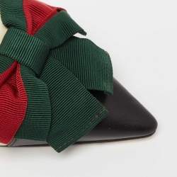 Pre Owned حذاء مولز غوتشي سلاي جان جلد أسود/ كريمي مزين فيونكة شريط ويب مقاس 36