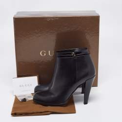 Pre Owned Gucci Black Leather Block Heel Ankle Boots Size 38.5