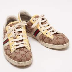 Pre Owned حذاء رياضي غوتشي نمط ويب جلد لامع وكانفاس غوتشيسيما مقاس 38