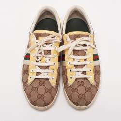 Pre Owned حذاء رياضي غوتشي نمط ويب جلد لامع وكانفاس غوتشيسيما مقاس 38