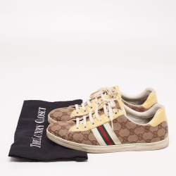 Pre Owned حذاء رياضي غوتشي نمط ويب جلد لامع وكانفاس غوتشيسيما مقاس 38