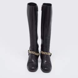 Pre Owned Gucci Black Leather Interlocking G Stitch Detail Calf Boots Size 35.5