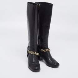 Pre Owned Gucci Black Leather Interlocking G Stitch Detail Calf Boots Size 35.5
