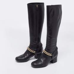 Pre Owned Gucci Black Leather Interlocking G Stitch Detail Calf Boots Size 35.5