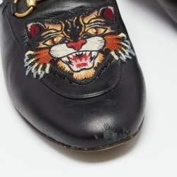 مملوكة مسبقًا Gucci Black Leather Tiger Embroidered Princetown Horsebit Flat Mules Size 39.5
