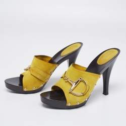 Gucci Yellow Suede Icon Bit Clog Sandals Size 40.5