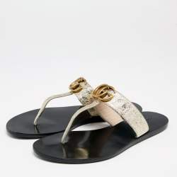Pre Owned Gucci Metallic Gold Leather GG Marmont Thong Flats Size 38