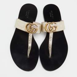 Pre Owned Gucci Metallic Gold Leather GG Marmont Thong Flats Size 38