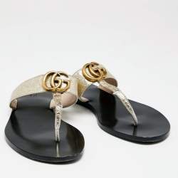 Pre Owned Gucci Metallic Gold Leather GG Marmont Thong Flats Size 38