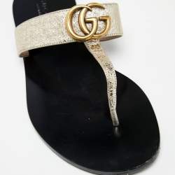 Pre Owned Gucci Metallic Gold Leather GG Marmont Thong Flats Size 38