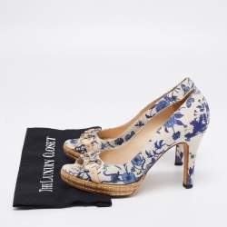 Gucci White/Blue Floral Print Canvas Horsebit Peep Toe Platform Pumps Size 40.5
