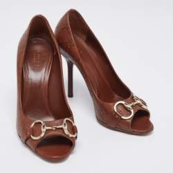 Pre Owned Gucci Brown Guccissima Leather Horsebit Peep-Toe Pumps Size 37