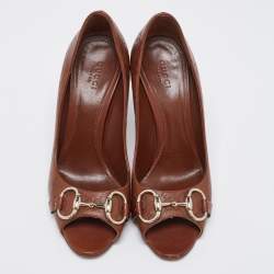 Pre Owned Gucci Brown Guccissima Leather Horsebit Peep-Toe Pumps Size 37