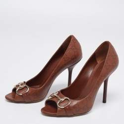 Pre Owned Gucci Brown Guccissima Leather Horsebit Peep-Toe Pumps Size 37