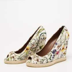 Gucci Multicolor Floral Print Canvas Horsebit Peep Toe Wedge Pumps Size 40