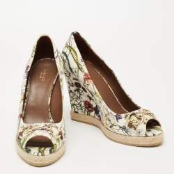 Gucci Multicolor Floral Print Canvas Horsebit Peep Toe Wedge Pumps Size 40