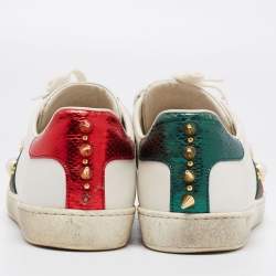 Gucci White Leather And Python Embossed  Ace Web Faux Pearl Embellished Low Top Sneakers Size 38