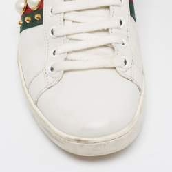 Gucci White Leather And Python Embossed  Ace Web Faux Pearl Embellished Low Top Sneakers Size 38