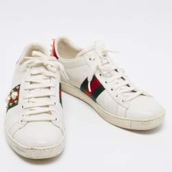 Gucci White Leather And Python Embossed  Ace Web Faux Pearl Embellished Low Top Sneakers Size 38