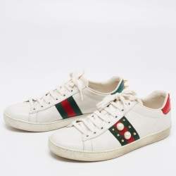 Gucci White Leather And Python Embossed  Ace Web Faux Pearl Embellished Low Top Sneakers Size 38