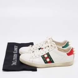Gucci White Leather And Python Embossed  Ace Web Faux Pearl Embellished Low Top Sneakers Size 38
