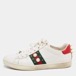 Gucci White Leather And Python Embossed  Ace Web Faux Pearl Embellished Low Top Sneakers Size 38