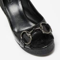 Pre Owned Gucci Black Patent Leather Horsebit Peep Toe Platform Pumps Size 35.5
