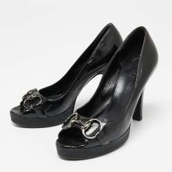 Pre Owned Gucci Black Patent Leather Horsebit Peep Toe Platform Pumps Size 35.5