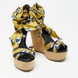 Gucci Multicolor Printed Silk and Jute Scarf Ankle Wrap Wedge Sandals Size 39