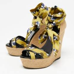 Gucci Multicolor Printed Silk and Jute Scarf Ankle Wrap Wedge Sandals Size 39