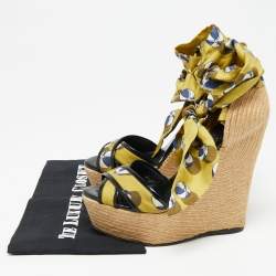 Gucci Multicolor Printed Silk and Jute Scarf Ankle Wrap Wedge Sandals Size 39