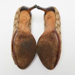 Pre Owned Gucci Beige/Brown GG Canvas Horsebit Peep-Toe Pumps Size 39.5