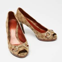 Pre Owned Gucci Beige/Brown GG Canvas Horsebit Peep-Toe Pumps Size 39.5