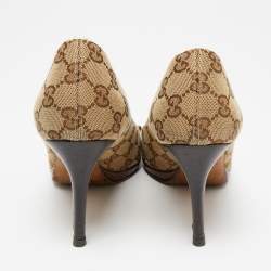 Pre Owned Gucci Beige/Brown GG Canvas Horsebit Peep-Toe Pumps Size 39.5