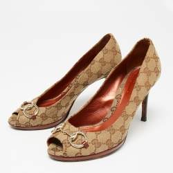 Pre Owned Gucci Beige/Brown GG Canvas Horsebit Peep-Toe Pumps Size 39.5