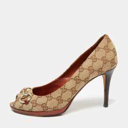Pre Owned Gucci Beige/Brown GG Canvas Horsebit Peep-Toe Pumps Size 39.5