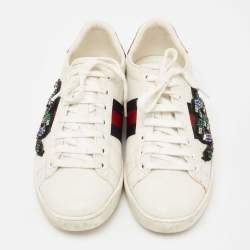 Gucci White Leather Embellished Snake Ace Low-Top Sneakers Size 37